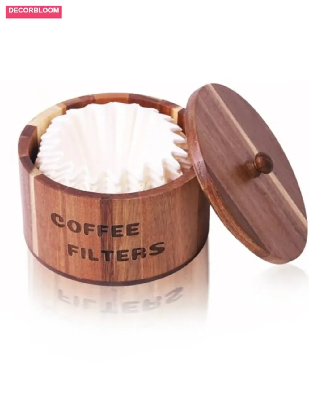 Acacia Wood Coffee Filter Holder with Lid - Rustic Kitchen Counter Organizer &